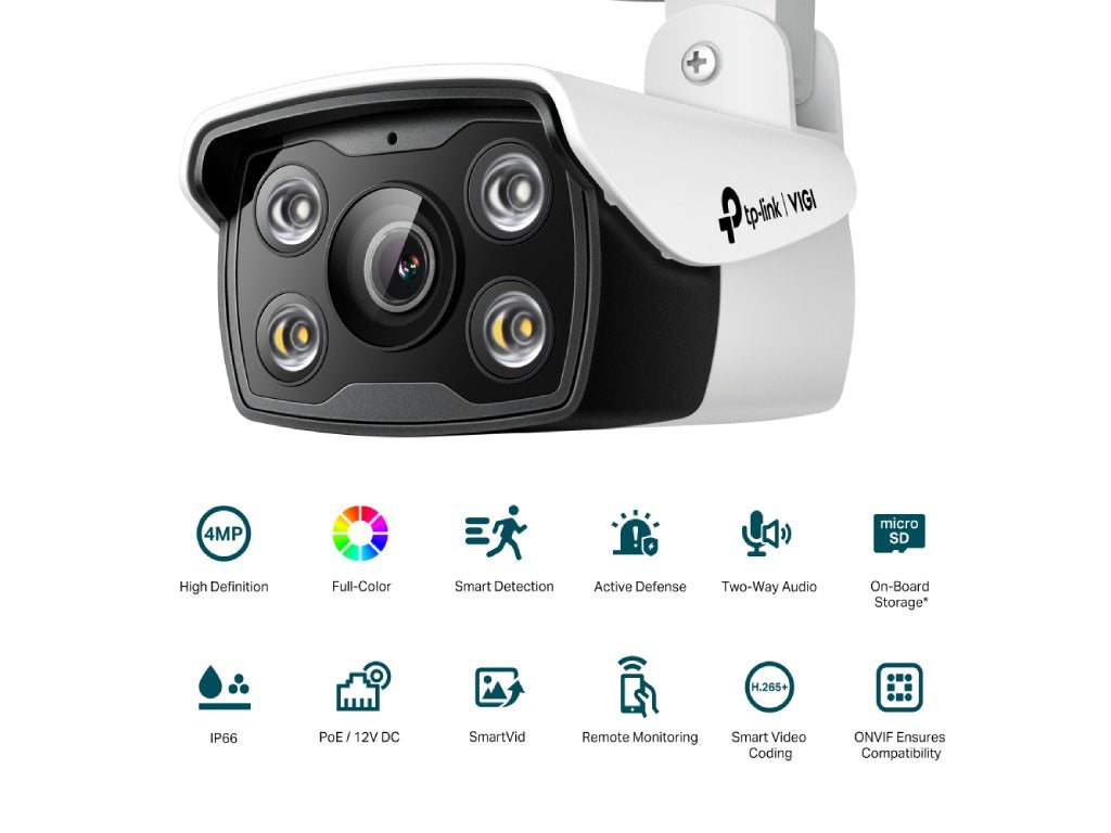 TP-LINK VIGI C340(4MM) 4MP Outdoor Full-Color Bullet Network Camera, H.265+,IP67 Waterproof,PoE - 12V
