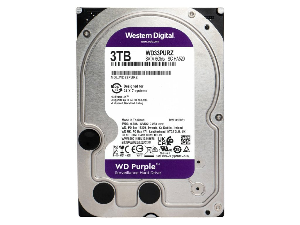 WD PURPLE HDD 3TB Surveillance, 256MB cache, 5400 RPM, up to 175MB - s transfer rate, 24 - 7